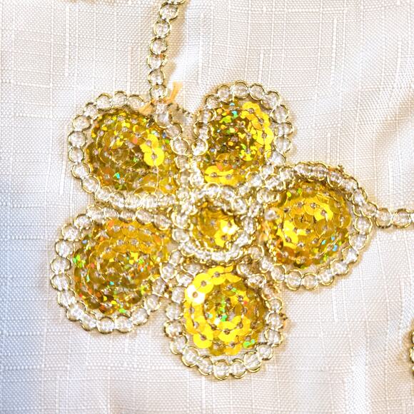 Gold White Christmas Stocking Sequin Floral 17" Satin Beaded Holiday Decor - Picture 2 of 12